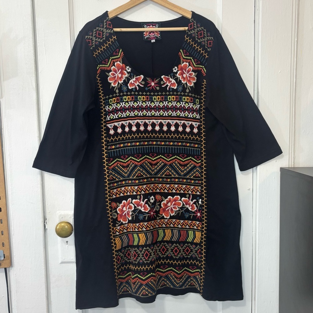 Johnny Was Los Angeles Women's Black Floral Embroidered Tunic Bohemian Dress, L - Picture 3 of 16